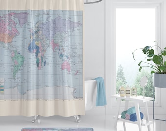 World Map Shower Curtain - travel decor  - fabric - Home Decor - Bathroom - travel, blue, pastel, historical map redecorate