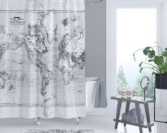 Black and gray World Map Shower Curtain - fabric bathroom - marbled
