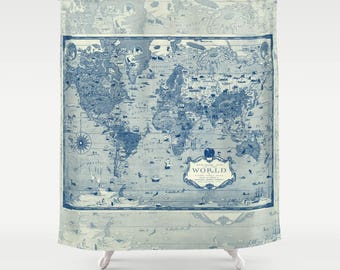 World Mercator Map Shower Curtain - Historical , antique image Navy and cream, illustrated map - Home Decor - Bathroom - travel, blue, cream