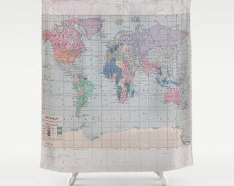 World Map Shower Curtain - Historical map - Fabric curtain, wanderlust, Home Decor - Bathroom - travel, blue, pastel, geography, boy's