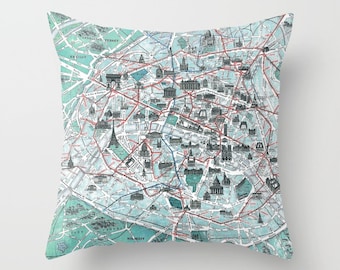 Paris Monuments Throw Pillow - Street Map - retro - Aqua, Eiffel Tower, Arc de Triomphe France, travel decor cushion