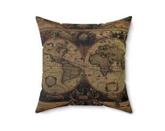 Dark Antique World Map Faux Suede Square Throw Pillow - fall, dorm, decor