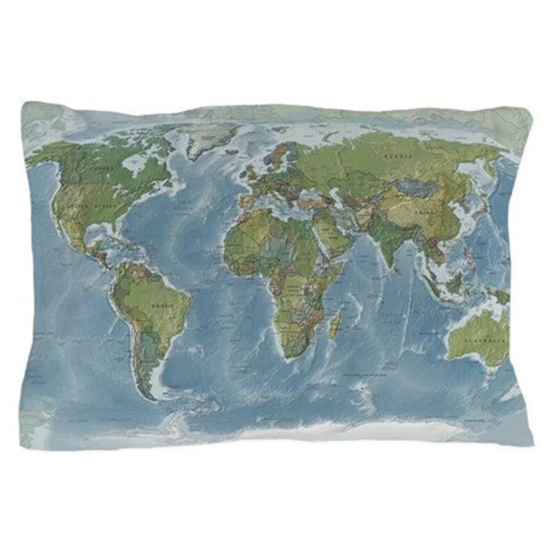 Funda de almohada de mapa mundial en tonos tierra apagados, geografía de decoración de mapas moderna, viajes únicos, deambular, clásico, dormitorio, ropa de cama, diseño imagen 1