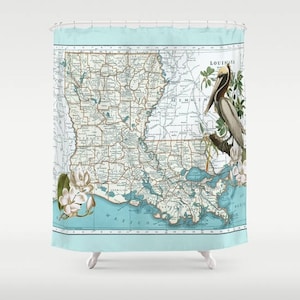 Louisiana Map Shower Curtain - Brown Pelican, Magnolia, state shower curtain,  aqua New Orleans, state pride