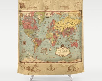 Pirate Map Shower Curtain - Historical , antique image sepia, vintage map - pirate decor - travel decor - hidden images