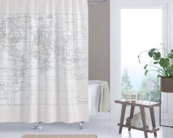 Cream on White World Map Shower Curtain - Historical map travel decor, minimalist, fabric,