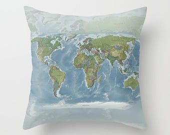 World Map Throw Pillow: Modern Earth Tones Travel Decor