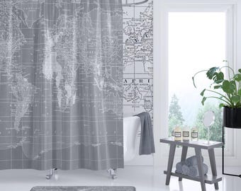 Gray World  Map Shower Curtain - Gray and white, wanderlust - industrial chic, Minimalist Grey