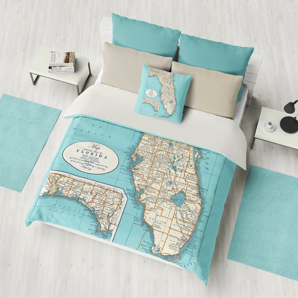 Florida State Coastal Map Duvet Cover or comforter - bed - bedroom, surfer, travel decor, cozy soft, Florida Keyes Coastal Decor