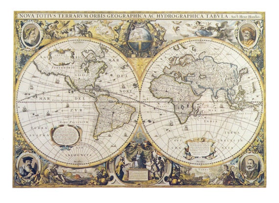Fabric Yardage - Antique World Map Fabric on Cotton - Sewing Crafting - maps on fabric