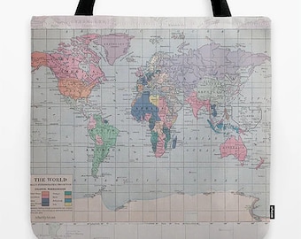 Bolsa de tela con mapa del mundo vintage: estampado integral con temática de viajes