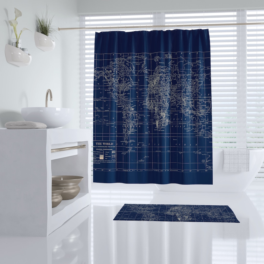 Navy Blue World Map Shower Curtain - Dark, Travel Decor, Masculine - Etsy