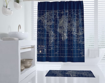 Navy Blue World Map Shower Curtain -  Dark, Travel decor, masculine