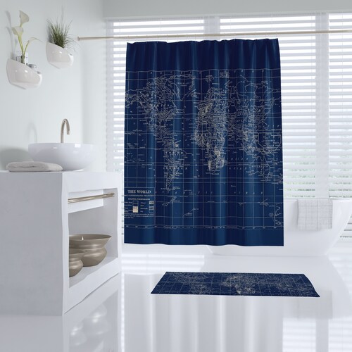 Blue and White Map Shower Curtain Travel Decor World Map Etsy
