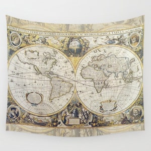 World Map Tapestry Wall hanging - antique map print, beautiful map, travel decor, gold, gray , wall decor atlas, den, bedroom, library