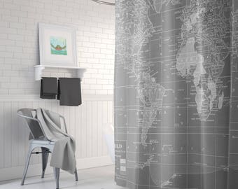 Gray World  Map Shower Curtain - Gray and white, wanderlust - industrial chic, Minimalist Grey