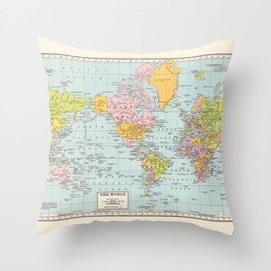 World Map Pillow world map, travel decor, wanderlust, Vintage Maps, unique, colorful image 1