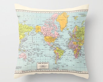 World Map Pillow - world map, travel decor, wanderlust,  Vintage Maps, unique, colorful