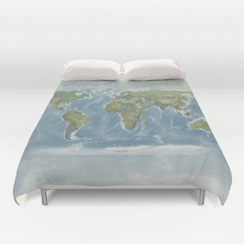 World Map Pillow Case in muted Earth tones, modern map decor geography, unique travel, wander, classic, bedroom, bedding, design image 4