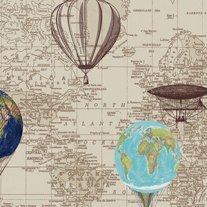 May include: A vintage world map with three hot air balloons, one with a globe, one with a dirigible, and one with a traditional basket. The map is in shades of brown and beige with blue oceans and green landmasses.