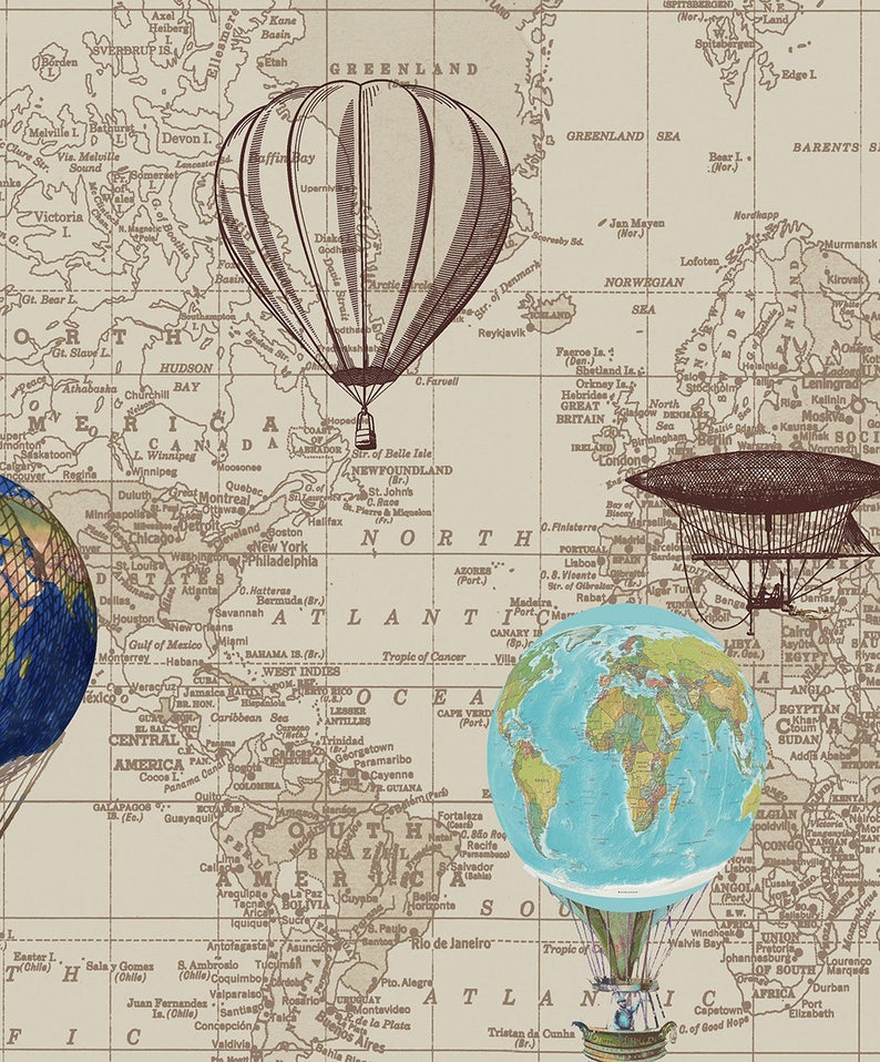 May include: A vintage world map with three hot air balloons, one with a globe, one with a dirigible, and one with a traditional basket. The map is in shades of brown and beige with blue oceans and green landmasses.