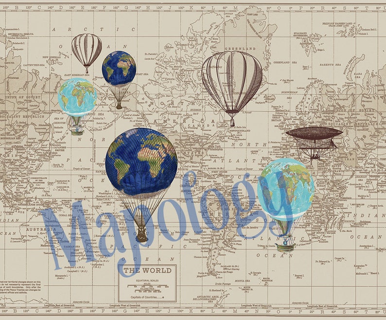 May include: A vintage world map with a brown background and a grid pattern. The map is decorated with hot air balloons and airships. The balloons are filled with globes of the earth. The text "Mapology" is written in blue across the map.