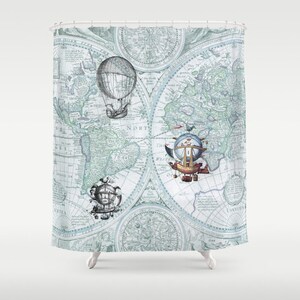 May include: A vintage world map shower curtain with a blue and green color scheme. The map features three hot air balloons with intricate details. The balloons are flying over different continents on the map.