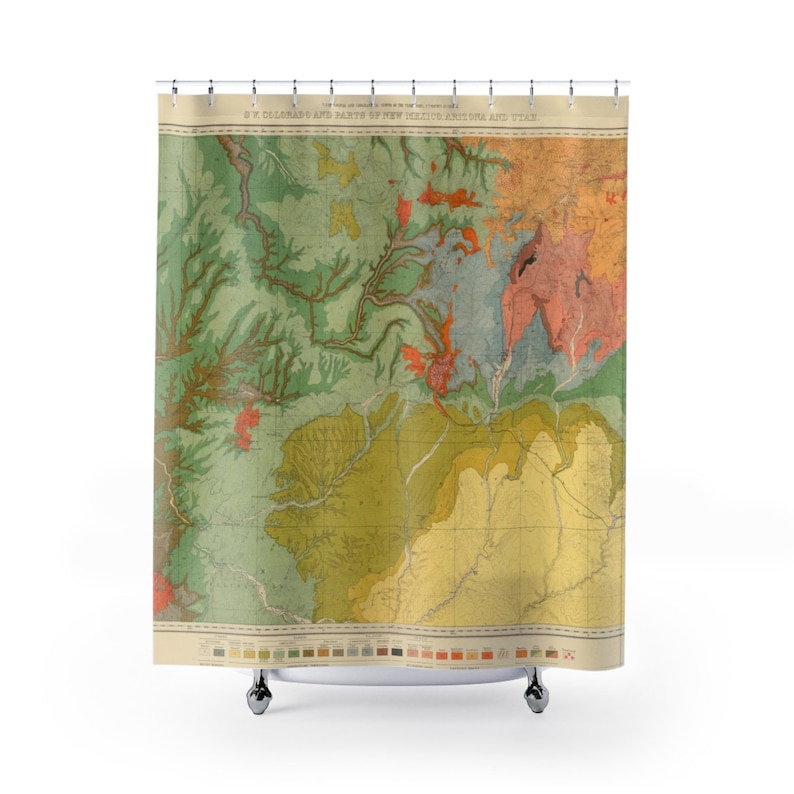 May include: A vintage map of the geological formations of SW Colorado and parts of New Mexico, Arizona and Utah. The map is printed in shades of green, yellow, brown, blue, and red.