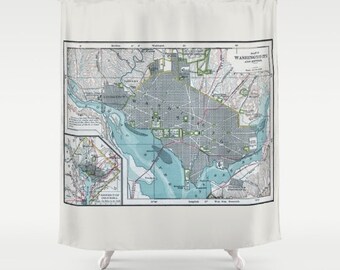 Washington DC Vintage map shower curtain - Street map of the Capitol, Potomac, historical monuments,  travel decor, blue gray