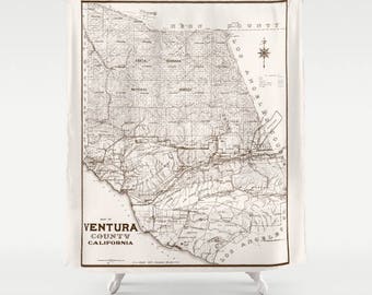 Ventura County Shower curtain - California Vintage Map, fabric curtain, Simi Valley historical Thousand Oaks, Moorpark, Ventura, Camarillo