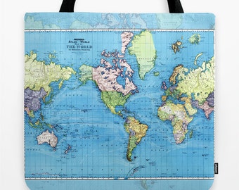 World Map Tote Bag, Colorful historic travel theme tote, everything bag, allover print, gift for mom, beach bag, travel bag