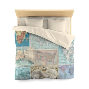 Map Collage Microfaser Bettbezug - Reisedekor, blaue Weltkarten