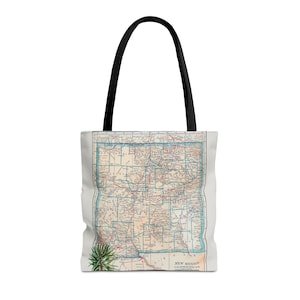 Vintage New Mexico Karte Tragetasche, Southwestern Yucca Plant Carryall, Reisetasche, Boho Schultertasche, Geschenk für Reisende, Einkaufstasche