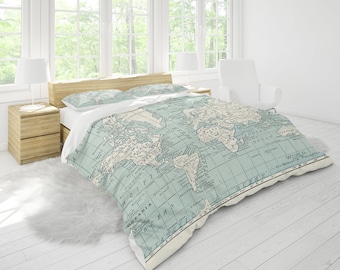 Funda nórdica con mapa del mundo vintage: ropa de cama de viaje en azul crema