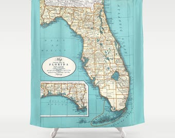 Florida State Map Shower Curtain -  Map of Florida,  soft teal, Florida Keyes, Coastal travel decor