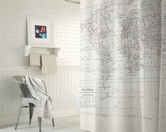 Cream on White World Map Shower Curtain - Historical map travel decor, minimalist, fabric,