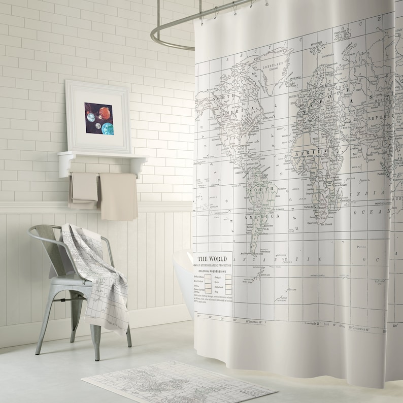 Cream on White World Map Shower Curtain Historical map travel decor, minimalist, fabric, image 1