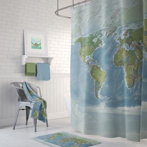 Map Shower Curtain -  topographic - Home Decor - Bathroom - countries,  map, blue, green globe - natural colors