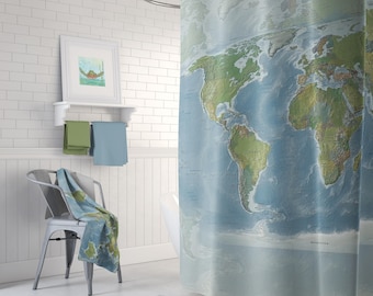 Map Shower Curtain -  topographic - Home Decor - Bathroom - countries,  map, blue, green globe - natural colors