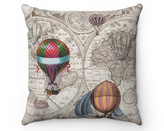 Hot Air Balloons Throw Pillow Cover - steampunk travel cushion cover with zip