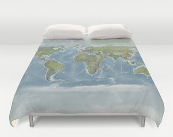 World Map Duvet Cover: Modern Travel Decor, Blue & Green