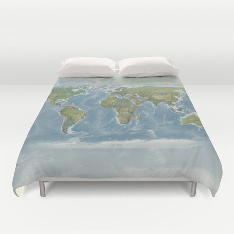 World Map Duvet Cover bed modern map, blue, green, bedroom, travel decor, cozy soft, warm, wanderlust, atlas, geography image 1