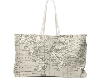 Bolso de mano de fin de semana con mapa del mundo: asas de cuerda, bolso grande, extragrande
