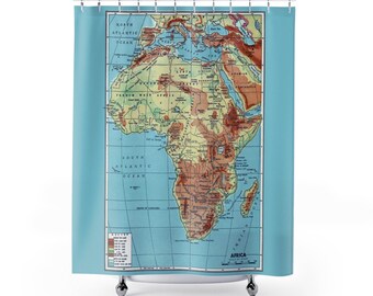 Africa Map Shower Curtain - Blue, yellow, rust, historical map of Africa