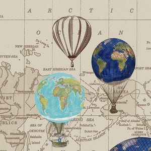 May include: A vintage map with a globe in a hot air balloon over the Bering Sea. The globe is surrounded by other globes in hot air balloons. The map shows the Arctic Circle and the Aleutian Islands.
