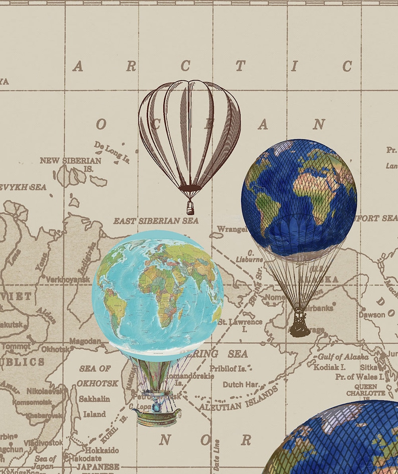 May include: A vintage map with a globe in a hot air balloon over the Bering Sea. The globe is surrounded by other globes in hot air balloons. The map shows the Arctic Circle and the Aleutian Islands.