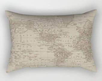 Brown World Map Pillow Case  map decor  - unique travel, wander, classic,  bedroom, bedding, design