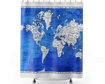Watercolor World Map Shower Curtain: Blue Vintage Oceans