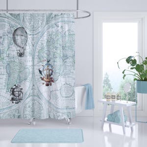 Steampunk Airship Shower Curtain: Antique World Map, Blue Pastel Decor image 1