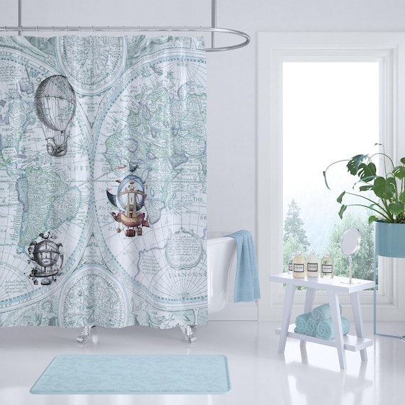 Steampunk Airship Shower Curtain: Antique World Map, Blue Pastel Decor